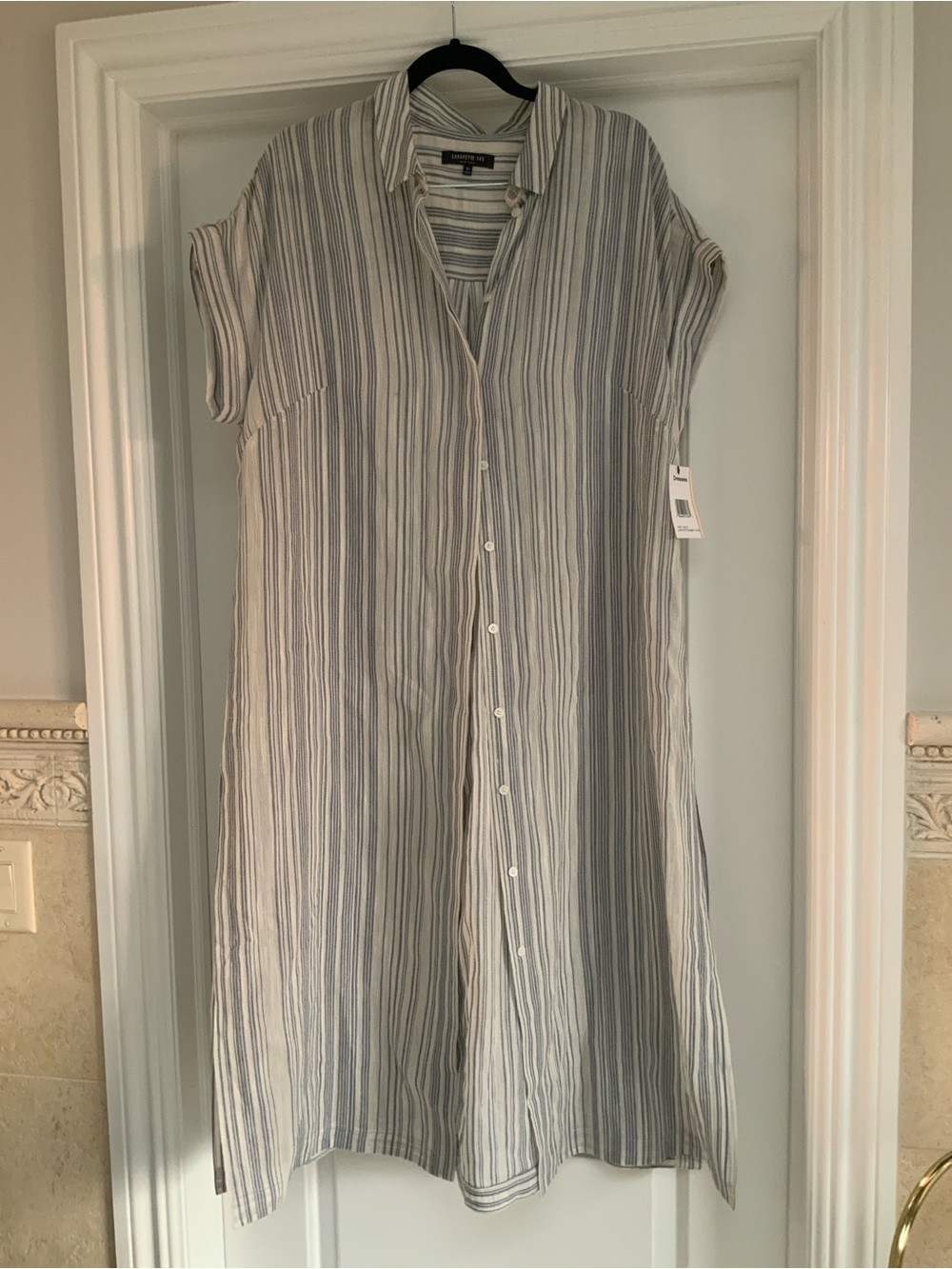 Lafayette 148 New York Light Blue and White Striped Midi Shirt Dress